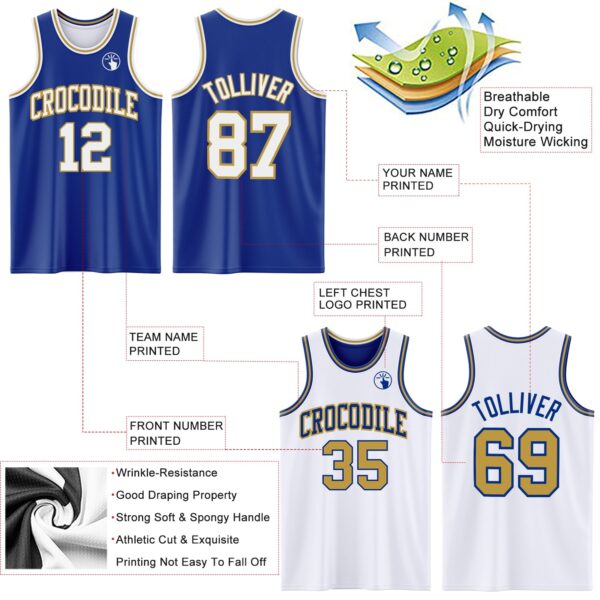 Custom Royal White-Old Gold Reversible Double Side Sublimation Basketball Suit Jersey