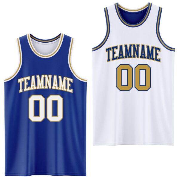 Custom Royal White-Old Gold Reversible Double Side Sublimation Basketball Suit Jersey