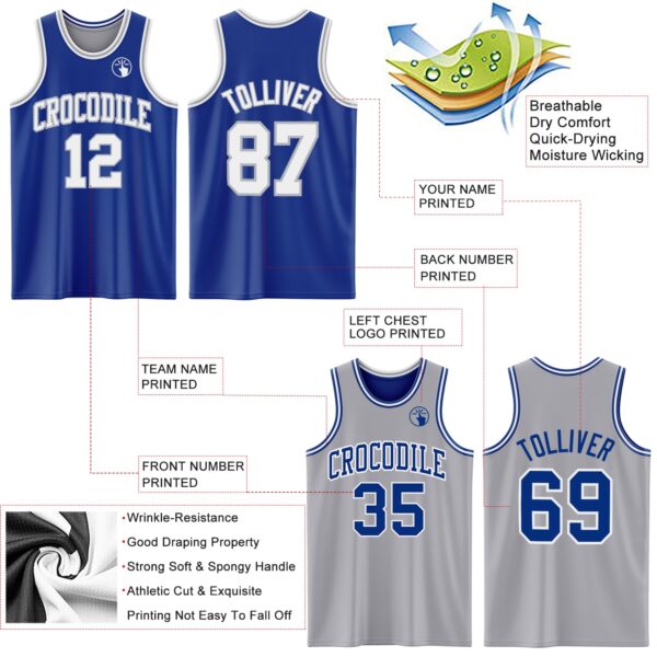 Custom Royal White-Gray Reversible Double Side Sublimation Basketball Suit Jersey