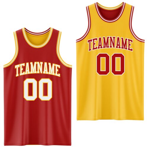 ReversibleD0098 Custom Red White-Gold Reversible Double Side Sublimation Basketball Suit Jersey