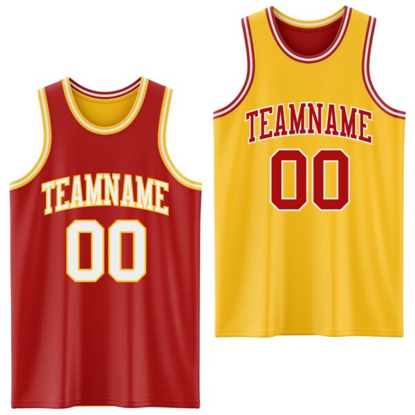 Custom Red White-Gold Reversible Double Side Sublimation Basketball Suit Jersey