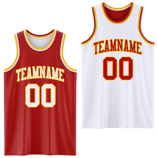 Custom Red White-Gold Reversible Double Side Sublimation Basketball Suit Jersey