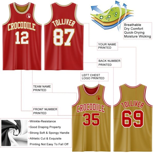 Custom Red White-Old Gold Reversible Double Side Sublimation Basketball Suit Jersey