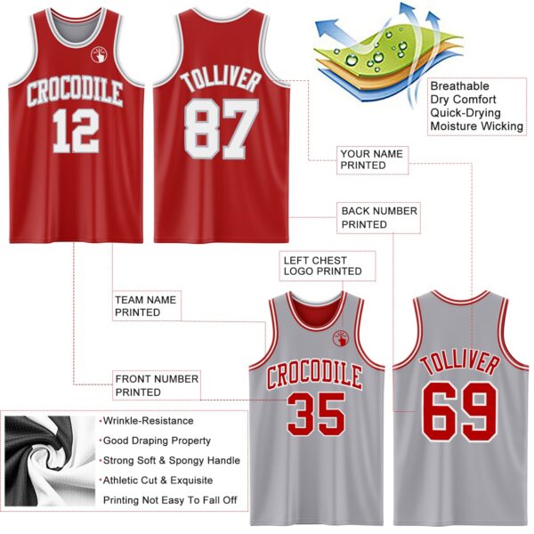 Custom Red White-Gray Reversible Double Side Sublimation Basketball Suit Jersey