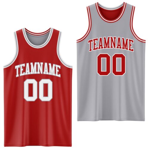 Custom Red White-Gray Reversible Double Side Sublimation Basketball Suit Jersey