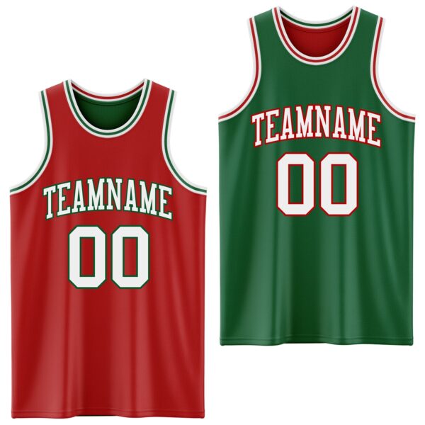 Custom Red White-Kelly Green Reversible Double Side Sublimation Basketball Suit Jersey