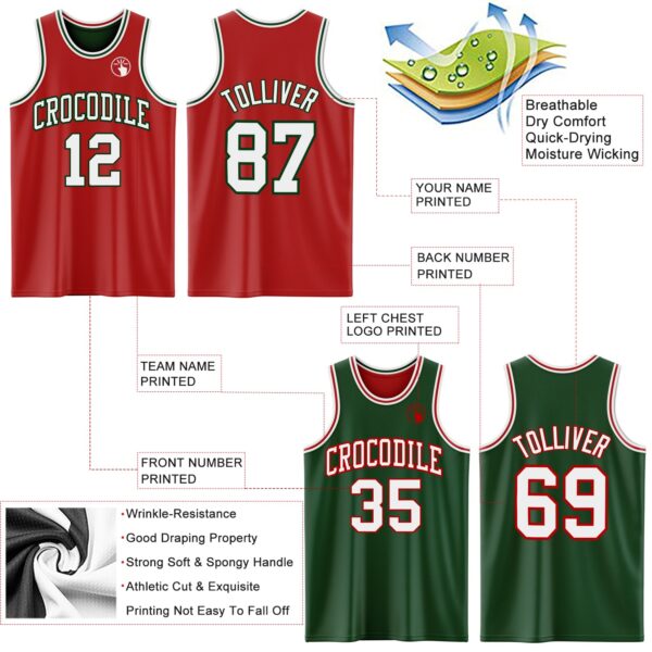 Custom Red White-Green Reversible Double Side Sublimation Basketball Suit Jersey