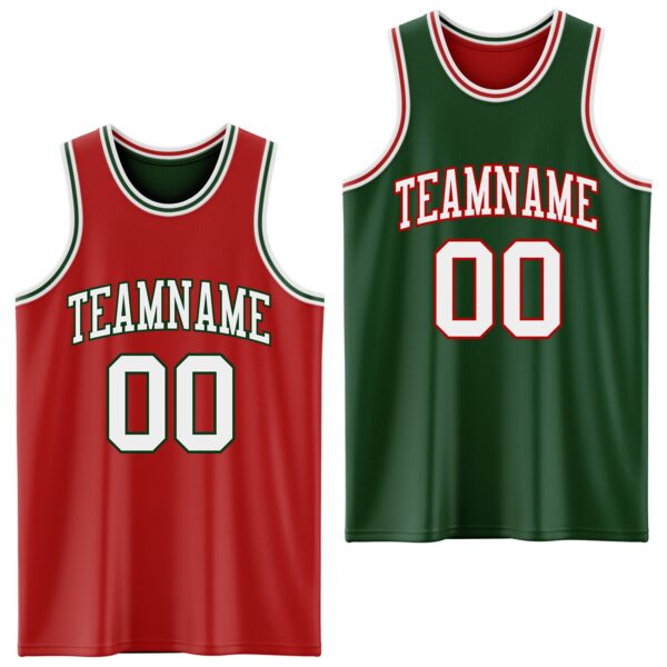 Custom Red White-Green Reversible Double Side Sublimation Basketball Suit Jersey