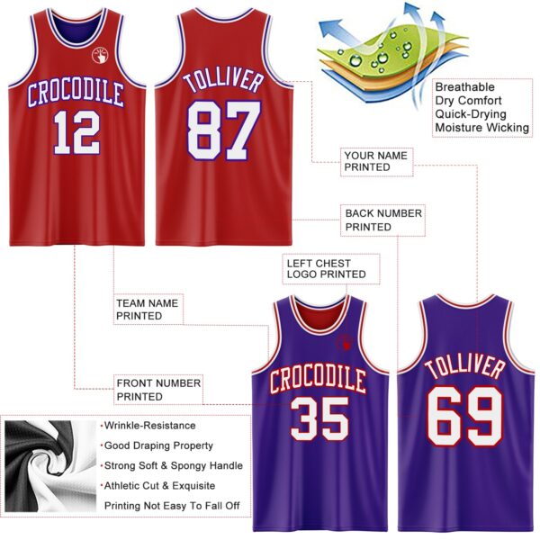 Custom Red White-Purple Reversible Double Side Sublimation Basketball Suit Jersey