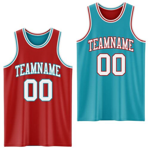 ReversibleD0110 Custom Red White-Teal Reversible Double Side Sublimation Basketball Suit Jersey