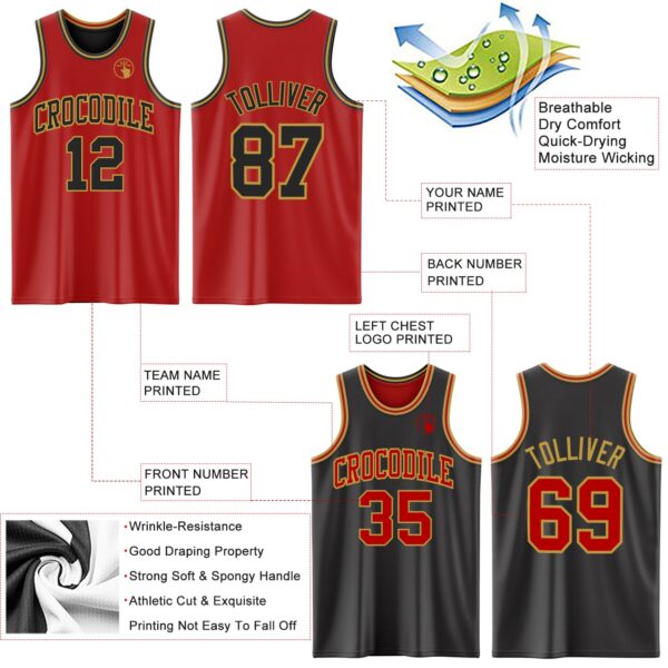 Custom Red Black-Old Gold Reversible Double Side Sublimation Basketball Suit Jersey