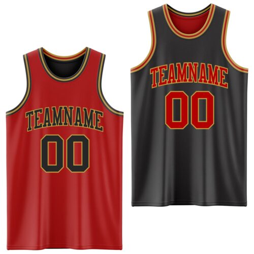 ReversibleD0112 Custom Red Black-Old Gold Reversible Double Side Sublimation Basketball Suit Jersey
