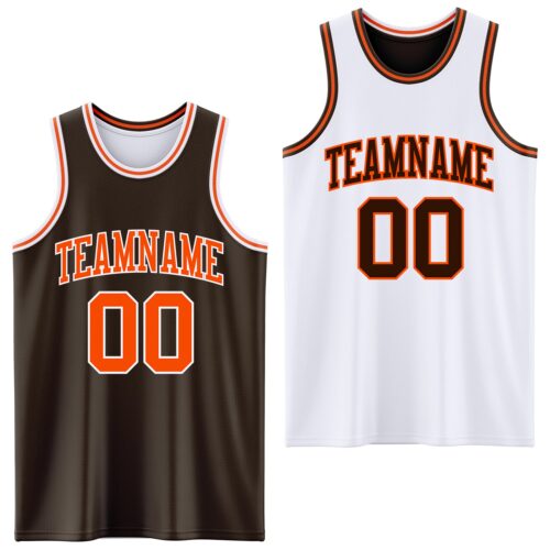 ReversibleD0114 Custom Brown Orange-White Reversible Double Side Sublimation Basketball Suit Jersey
