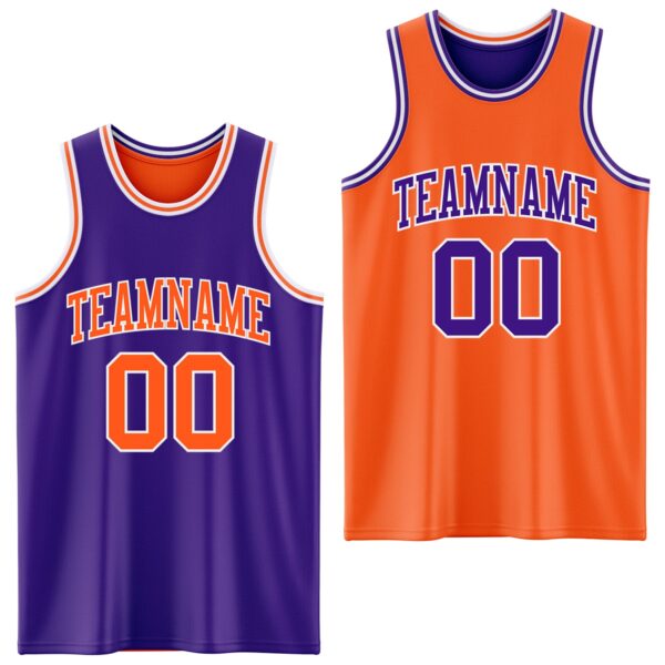 Custom Purple Orange-White Reversible Double Side Sublimation Basketball Suit Jersey