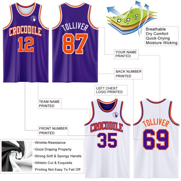 Custom Purple Orange-White Reversible Double Side Sublimation Basketball Suit Jersey