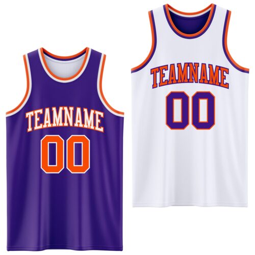 ReversibleD0117 Custom Purple Orange-White Reversible Double Side Sublimation Basketball Suit Jersey