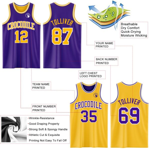 Custom Purple Gold-White Reversible Double Side Sublimation Basketball Suit Jersey