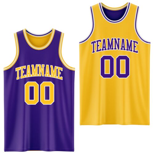 Custom Purple Gold-White Reversible Double Side Sublimation Basketball Suit Jersey