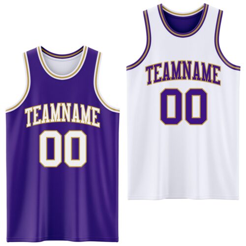 ReversibleD0123 Custom Purple White-Old Gold Reversible Double Side Sublimation Basketball Suit Jersey