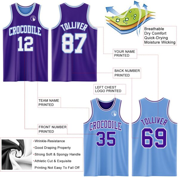 Custom Purple White-Light Blue Reversible Double Side Sublimation Basketball Suit Jersey
