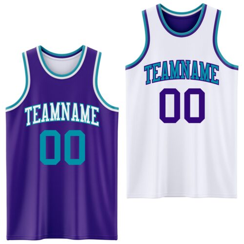 Custom Purple Teal-White Reversible Double Side Sublimation Basketball Suit Jersey