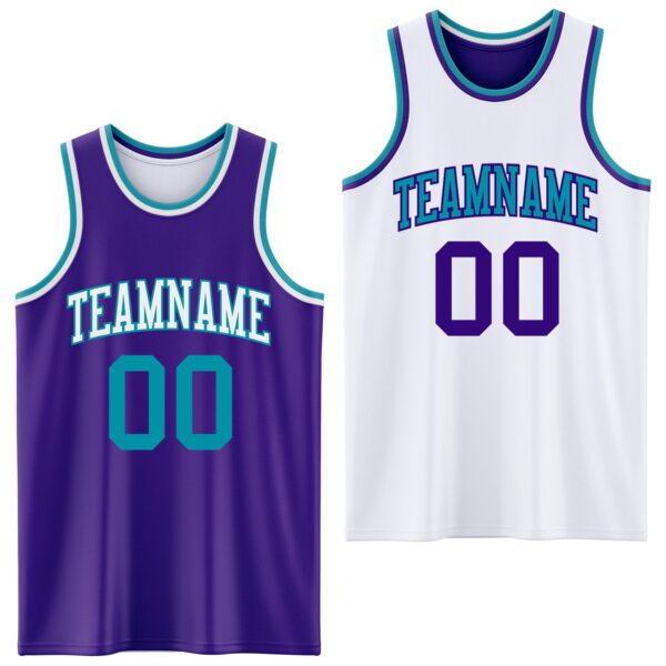 Custom Purple Teal-White Reversible Double Side Sublimation Basketball Suit Jersey