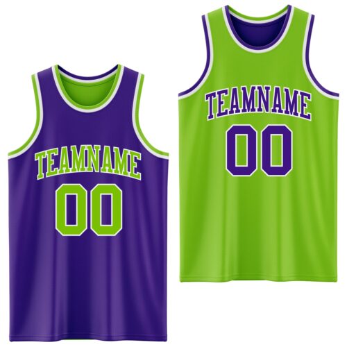 Custom Purple Neon Green-White Reversible Double Side Sublimation Basketball Suit Jersey