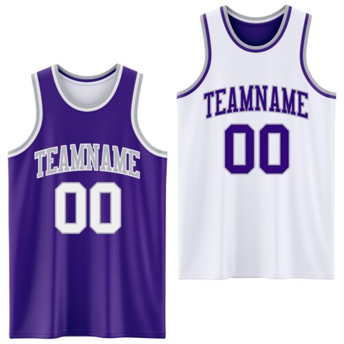 Custom Reversible Purple White-Gray Double Side Sublimation Basketball Suit Jersey