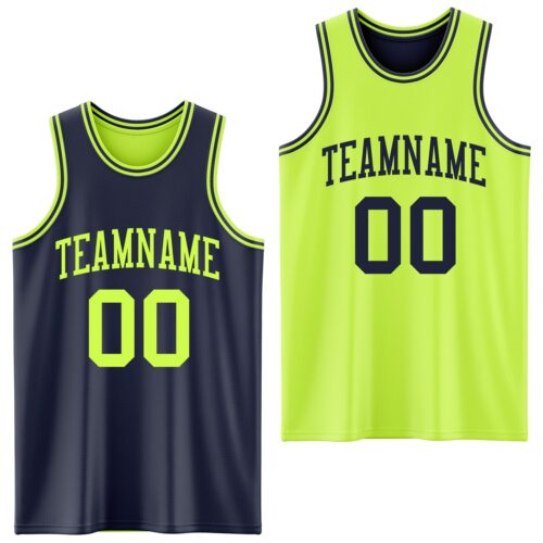 ReversibleD0137 Custom Reversible Navy Neon Green Double Side Sublimation Basketball Suit Jersey
