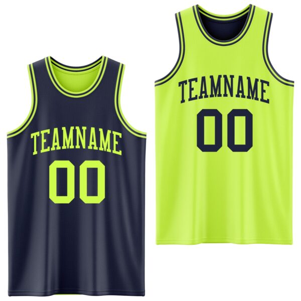 Custom Reversible Navy Neon Green Double Side Sublimation Basketball Suit Jersey
