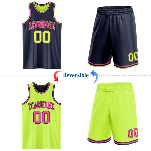 Custom Reversible Navy Neon Green-Pink Double Side Sublimation Basketball Suit Jersey