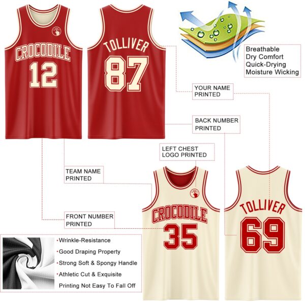 Custom Reversible Red Cream Double Side Sublimation Basketball Suit Jersey