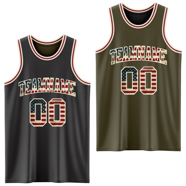 Custom Reversible Black Vintage USA Flag Cream-Maroon Double Side Sublimation Basketball Suit Jersey