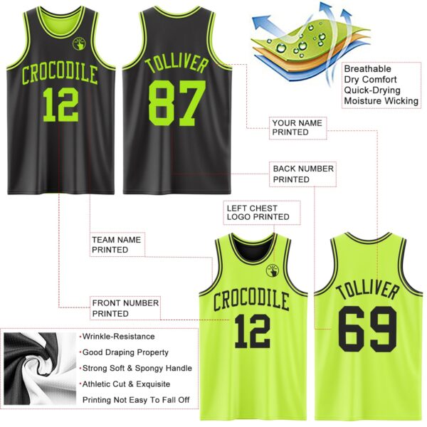 Custom Reversible Black Neon Green Double Side Sublimation Basketball Suit Jersey