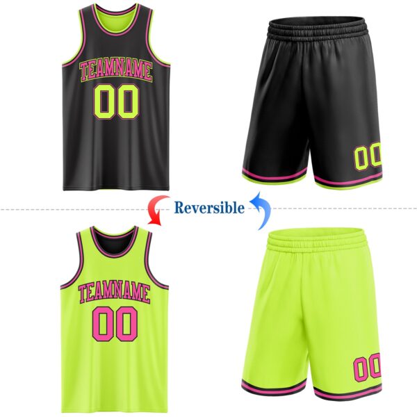 Custom Reversible Black Neon Green-Pink Double Side Sublimation Basketball Suit Jersey