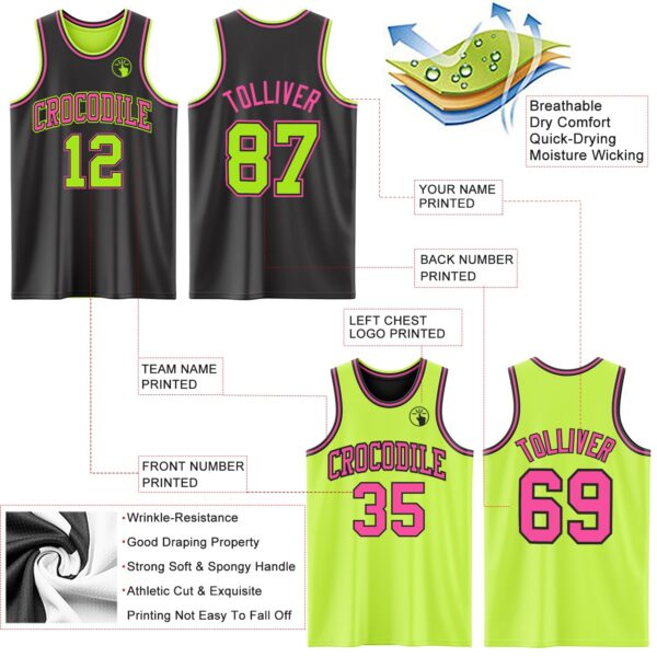 Custom Reversible Black Neon Green-Pink Double Side Sublimation Basketball Suit Jersey