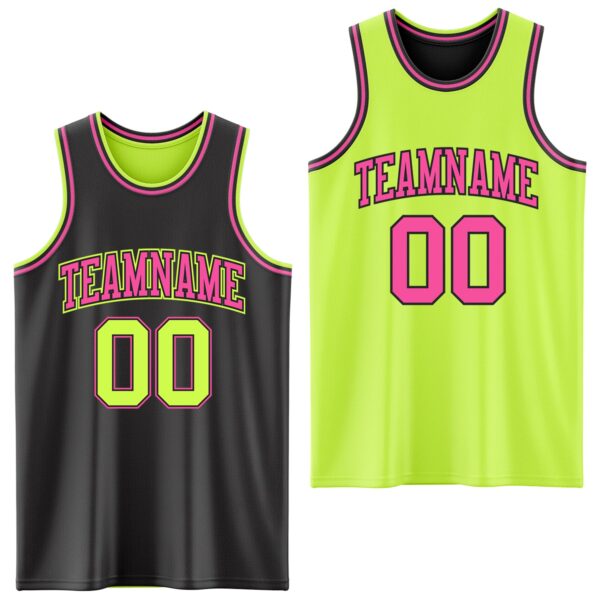 Custom Reversible Black Neon Green-Pink Double Side Sublimation Basketball Suit Jersey