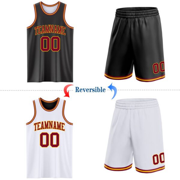 Custom Reversible Black Maroon-Gold Double Side Sublimation Basketball Suit Jersey