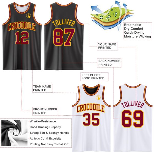 Custom Reversible Black Maroon-Gold Double Side Sublimation Basketball Suit Jersey