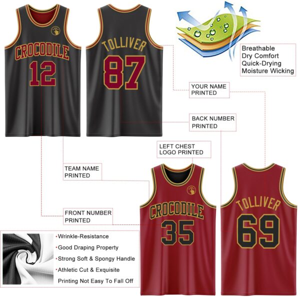 Custom Reversible Black Maroon-Old Gold Double Side Sublimation Basketball Suit Jersey