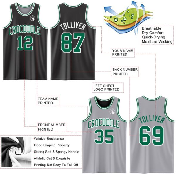 Custom Reversible Black Kelly Green-White Double Side Sublimation Basketball Suit Jersey