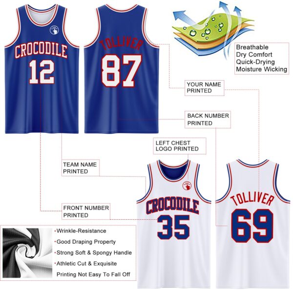 Custom Reversible Royal White-Red Double Side Sublimation Basketball Suit Jersey