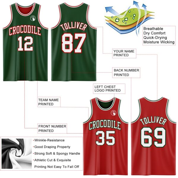 Custom Reversible Green White-Red Double Side Sublimation Basketball Suit Jersey