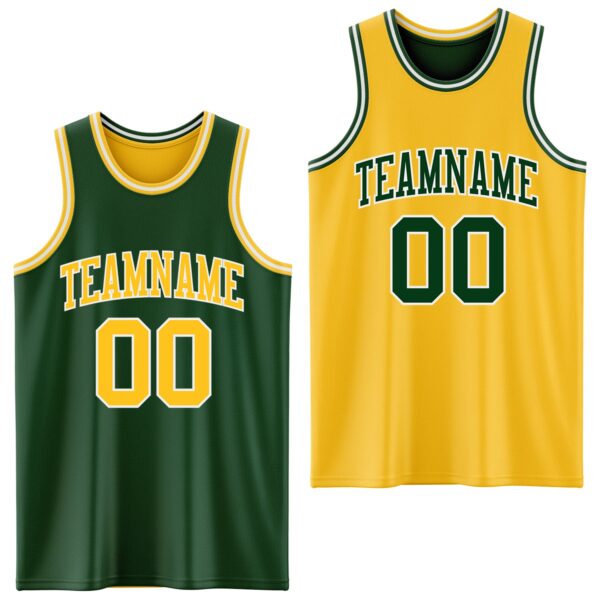 Custom Reversible Green Gold-White Double Side Sublimation Basketball Suit Jersey
