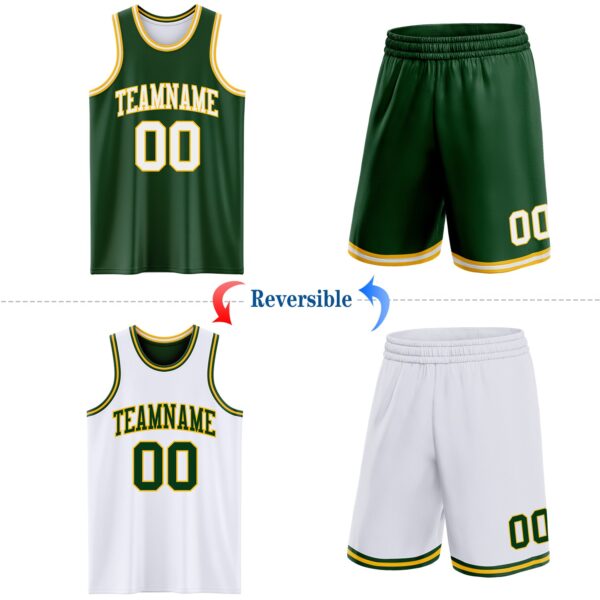 Custom Reversible Green White-Gold Double Side Sublimation Basketball Suit Jersey
