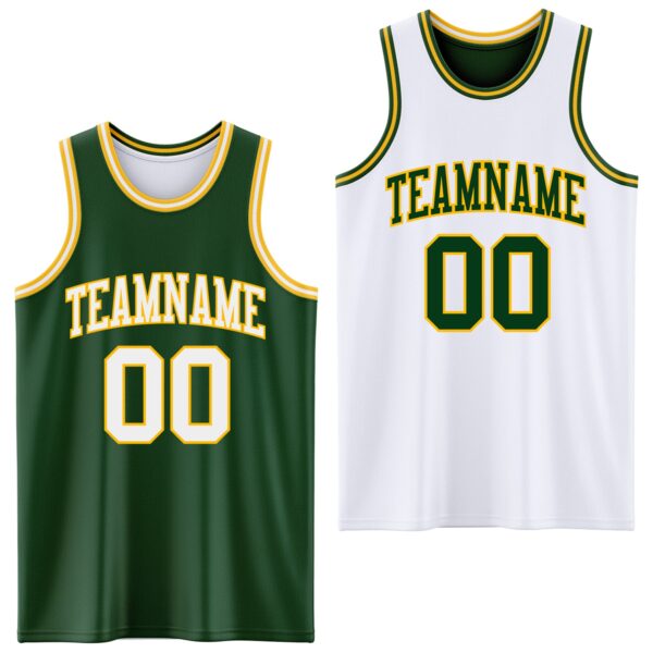 Custom Reversible Green White-Gold Double Side Sublimation Basketball Suit Jersey