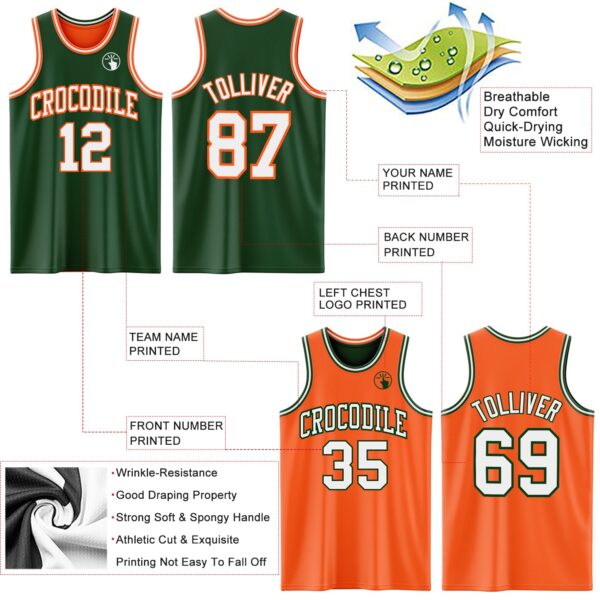 Custom Reversible Green White-Orange Double Side Sublimation Basketball Suit Jersey
