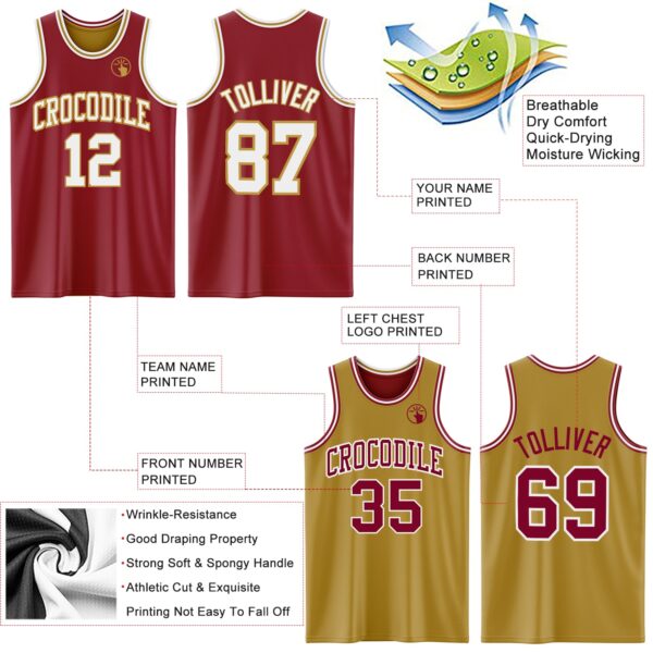 Custom Reversible Maroon White-Old Gold Double Side Sublimation Basketball Suit Jersey