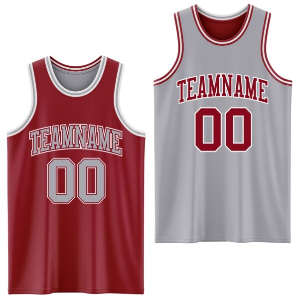 Custom Reversible Maroon Gray-White Double Side Sublimation Basketball Suit Jersey