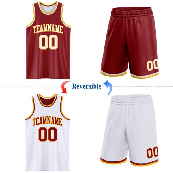 Custom Reversible Maroon White-Gold Double Side Sublimation Basketball Suit Jersey